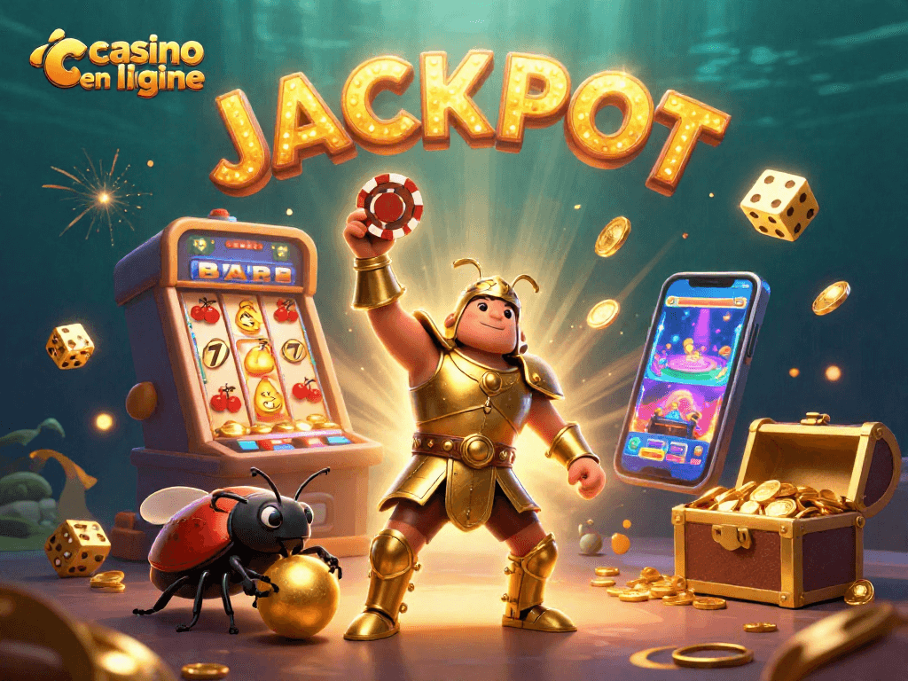 Gagnez au casino en ligne avec une machine à sous éclatante et une ambiance festive, présentant des jackpots et des jeux.