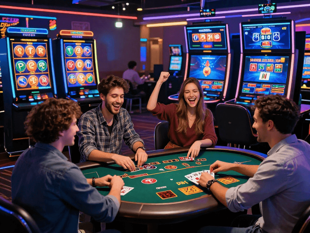 Scène de casino en ligne avec des joueurs célébrant des gains sur des jeux variés.