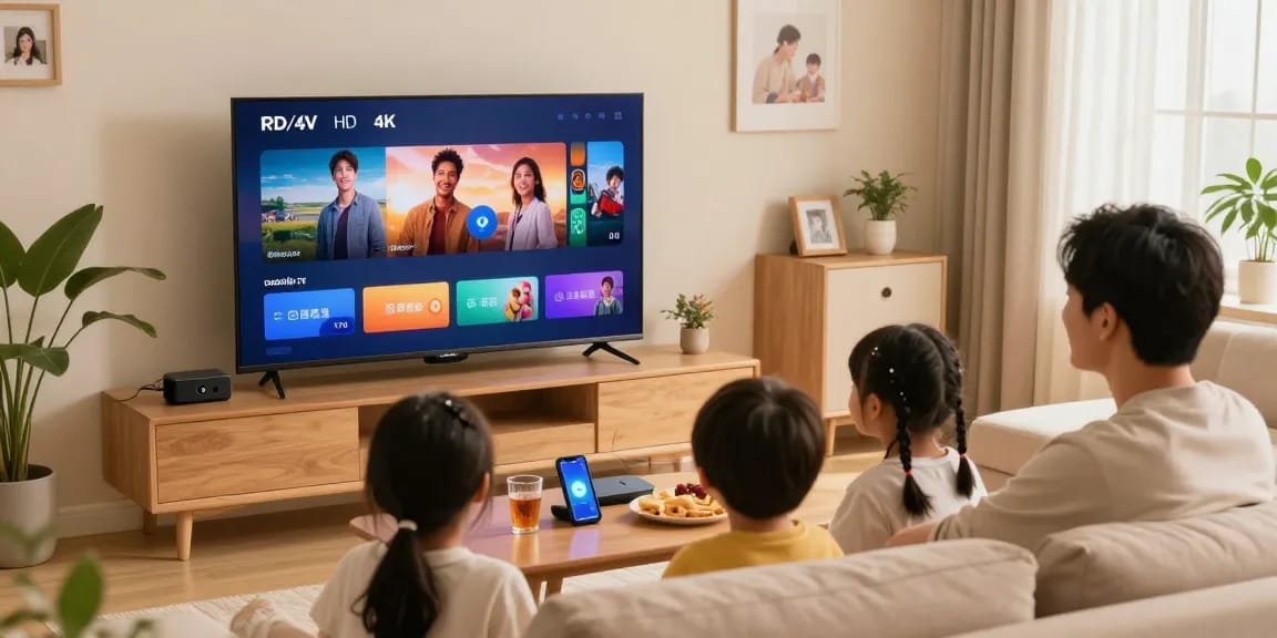 Famille profitant d'Atlas pro dans leur salon avec écran HD/4K.
