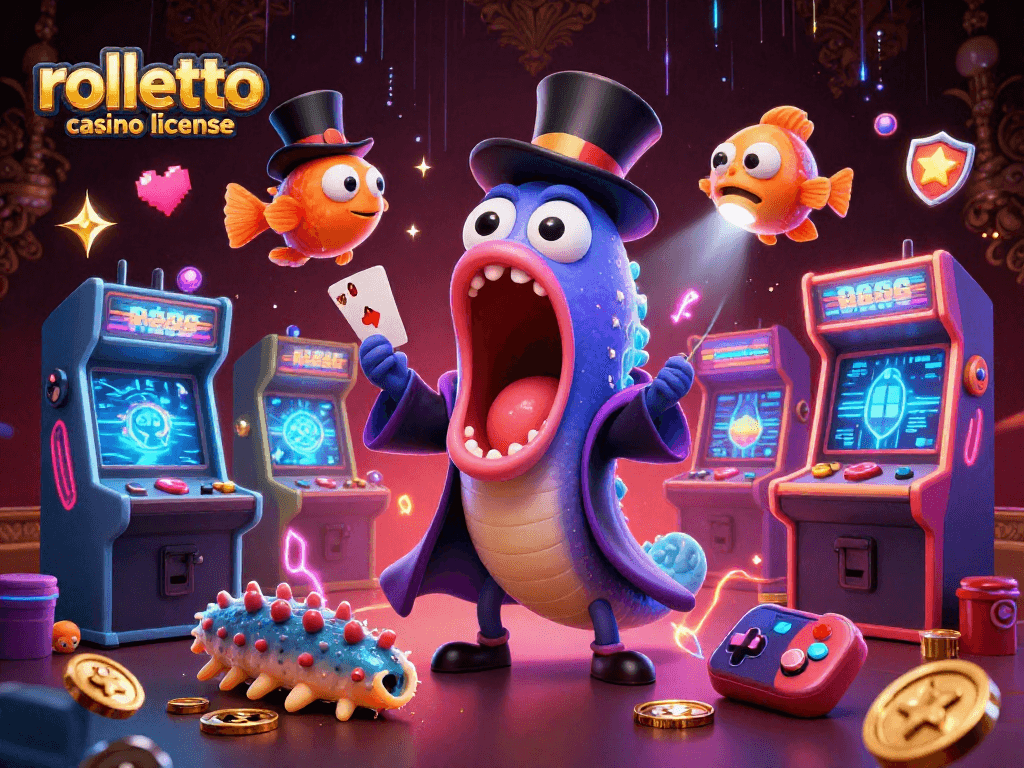 Illustration dynamique de "licence de Rolletto Casino" montrant un poisson angler et un serpent de mer en action magique.