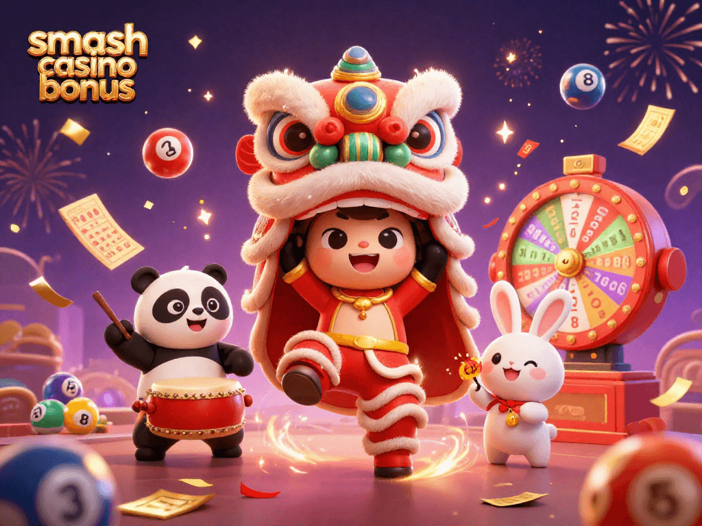 Profitez du smash casino bonus avec des personnages de jeu animés dans une illustration festive.