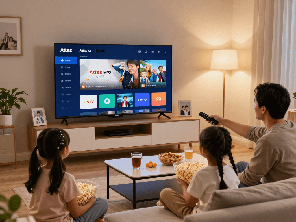 Famille profitant d'une soirée cinéma avec l'application Atlas Pro ONTV sur leur Smart TV
