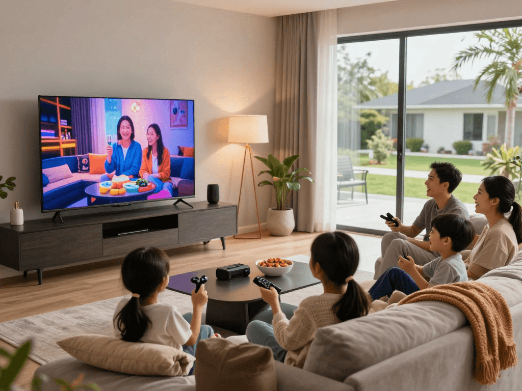Une famille profitant d'Atlas pro ontv dans un salon moderne, ambiance chaleureuse et engageante.