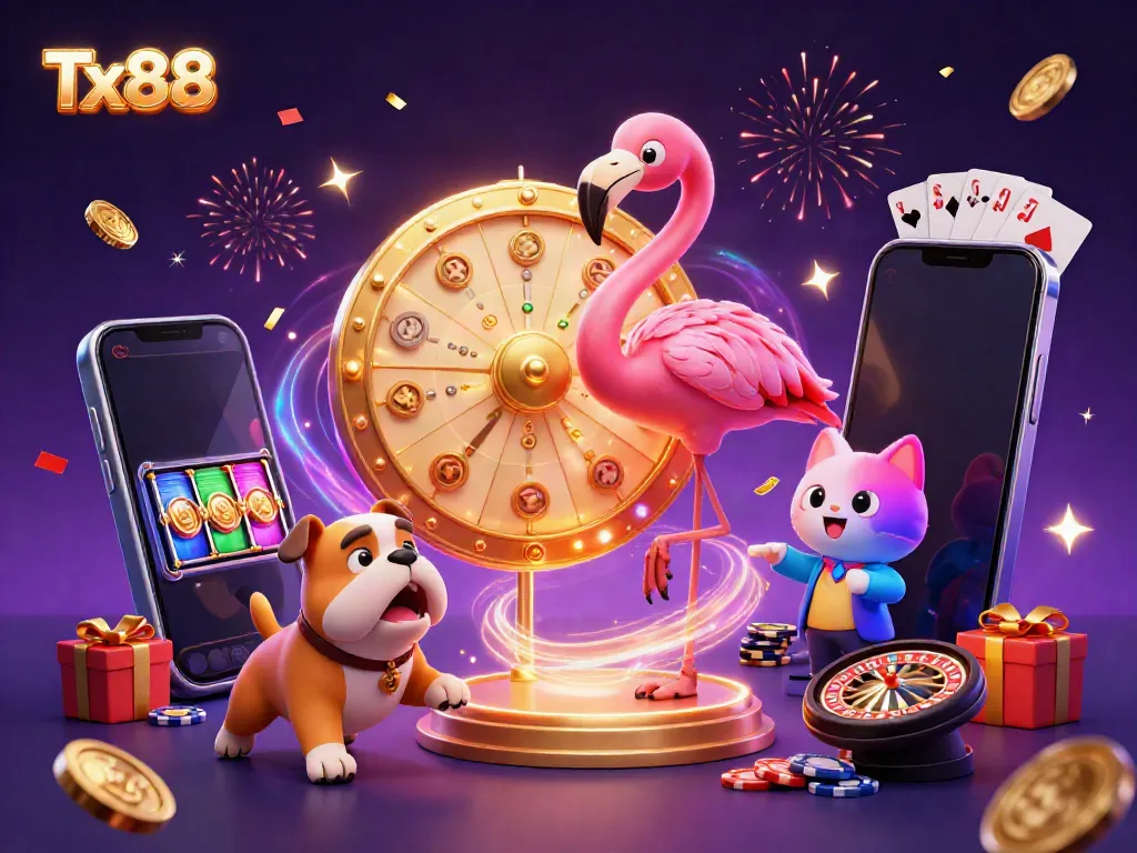 Engage with exciting prizes at Tx88 with vibrant gaming elements and lively characters.