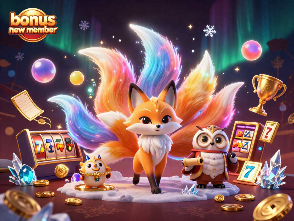 Experience the allure of gaming with the bonus new member promotional art featuring dynamic characters and festive elements.