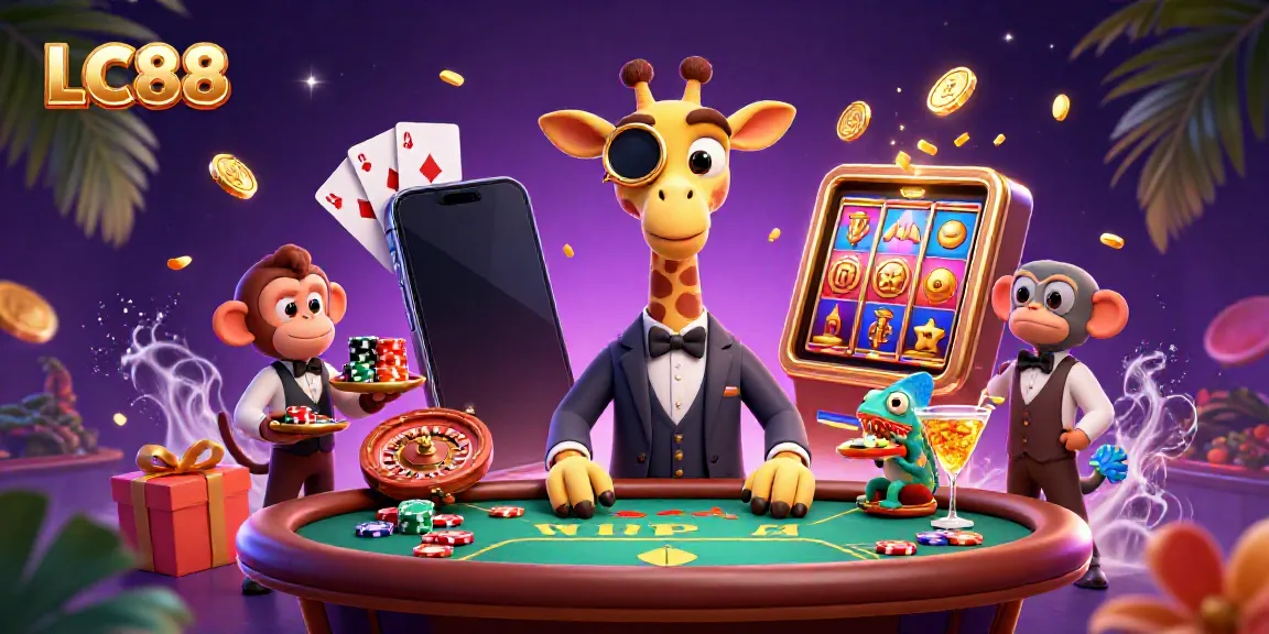 LC88 high-roller giraffe enjoy premium casino vibes at a poker table amidst rich gaming elements.