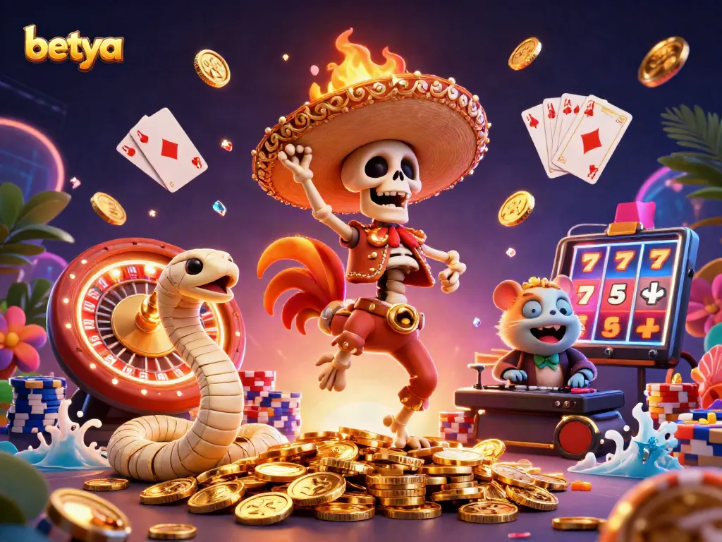 Betya's lively casino scene with a dancing rooster, mummy snake, and DJ hamster, celebrating winning moments.