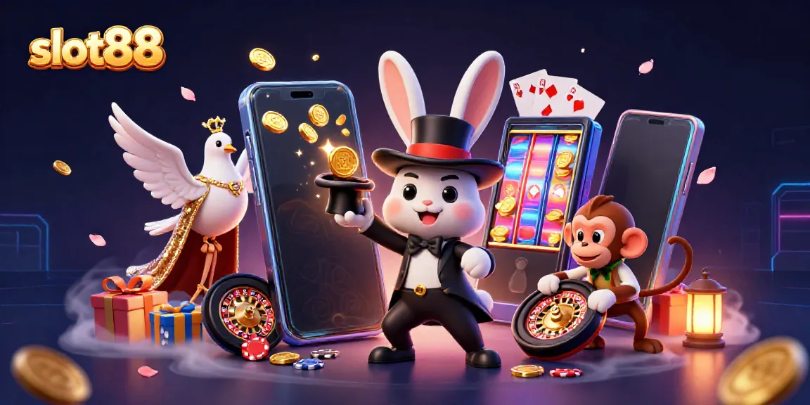 Experience the excitement of slot88 with a vibrant 3D illustration featuring whimsical casino characters and game elements.