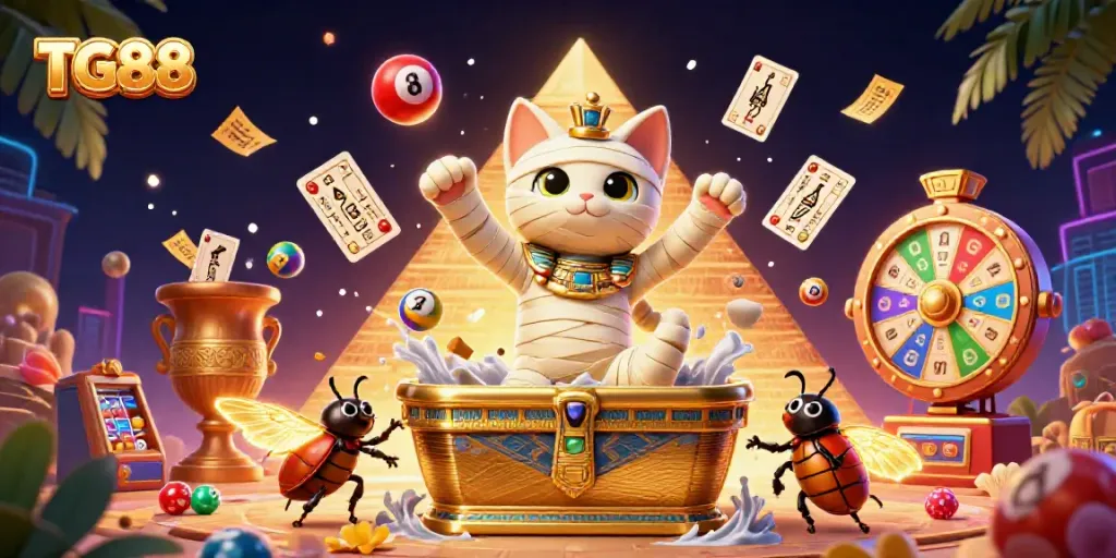 Experience exciting gameplay at TG88 with a dynamic illustration of a mummy cat and a scarab companion amidst casino treasures.