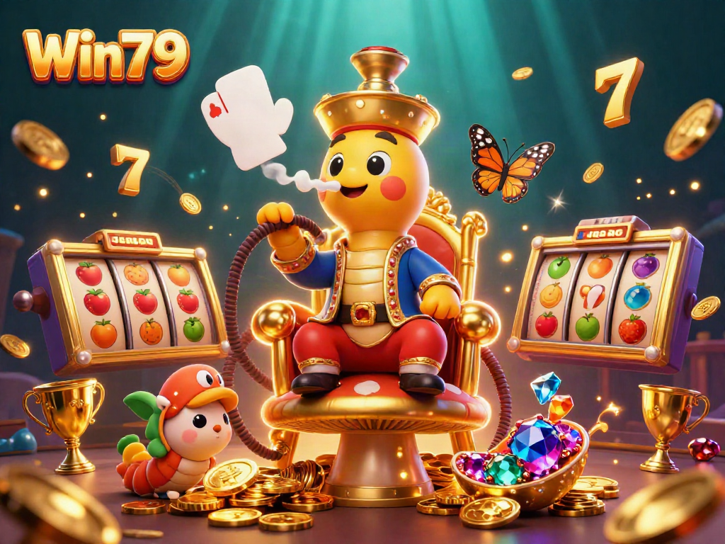 Win79's vibrant online casino scene featuring a caterpillar master and slot game elements.