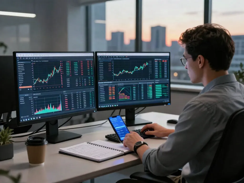 Essor Invexaro, plateforme de trading IA moderne avec analyse de données sur écrans et ambiance dynamique.