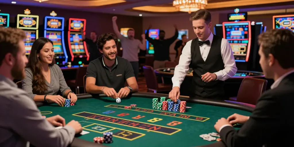 Jeux de dés casino animés avec des joueurs dans un casino élégant et des dés colorés en action.