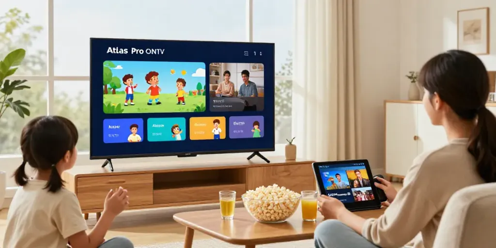 Une famille utilisant l'application Atlas Pro ONTV sur un téléviseur moderne dans un salon lumineux, créant une ambiance conviviale.