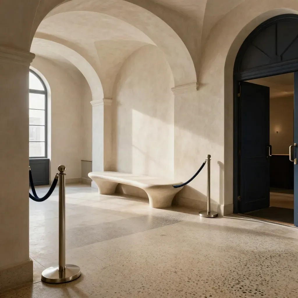Foyer de théâtre vide avec arches de plâtre, banc sculptural, corde et sol terrazzo, baigné de lumière.