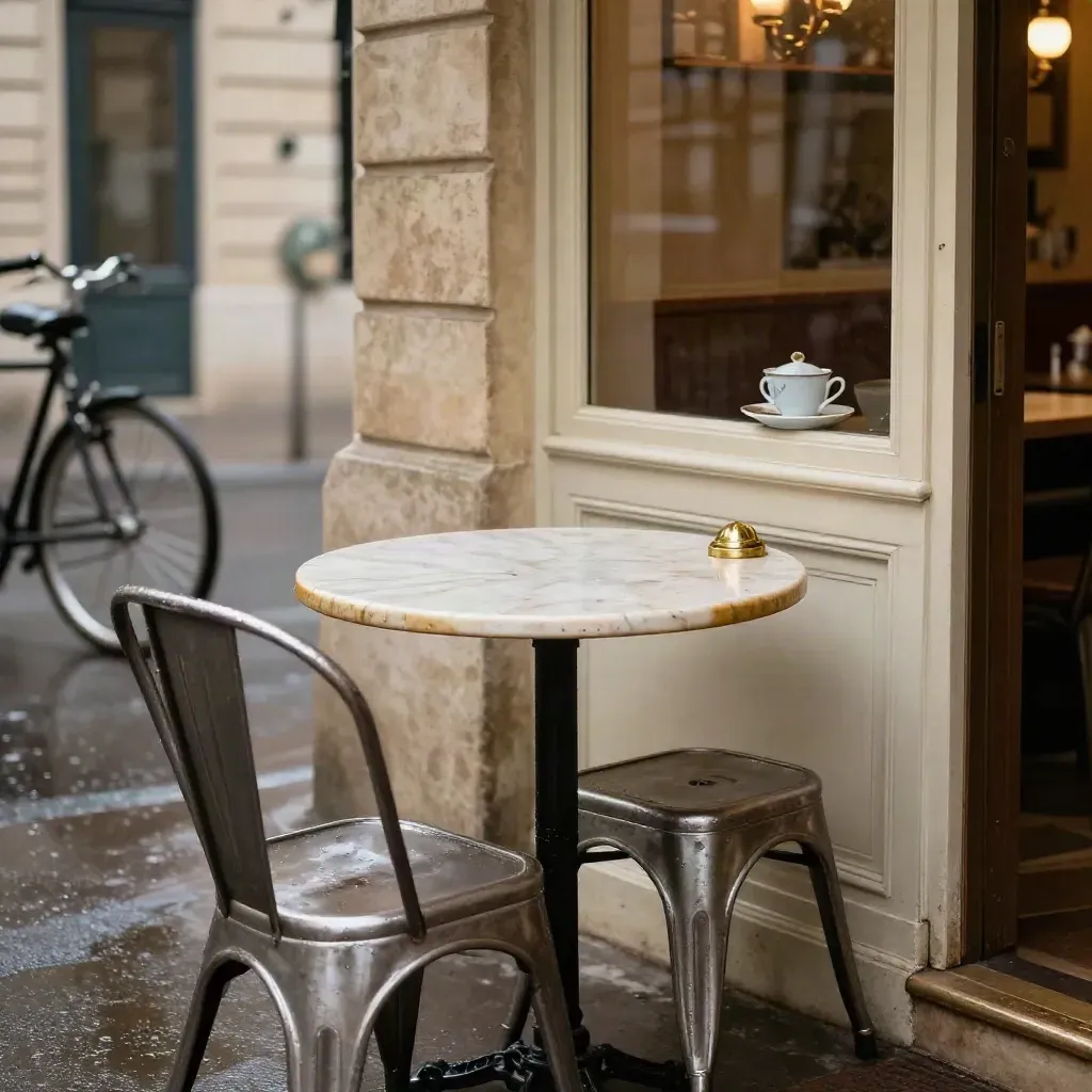 Coin de café parisien après la pluie, table marbre, chaise métal et façade humide