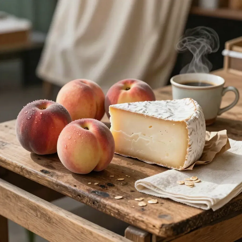 Marché du dimanche avec pêches, fromage emballé, tasse en céramique et serviette sur bois patiné.