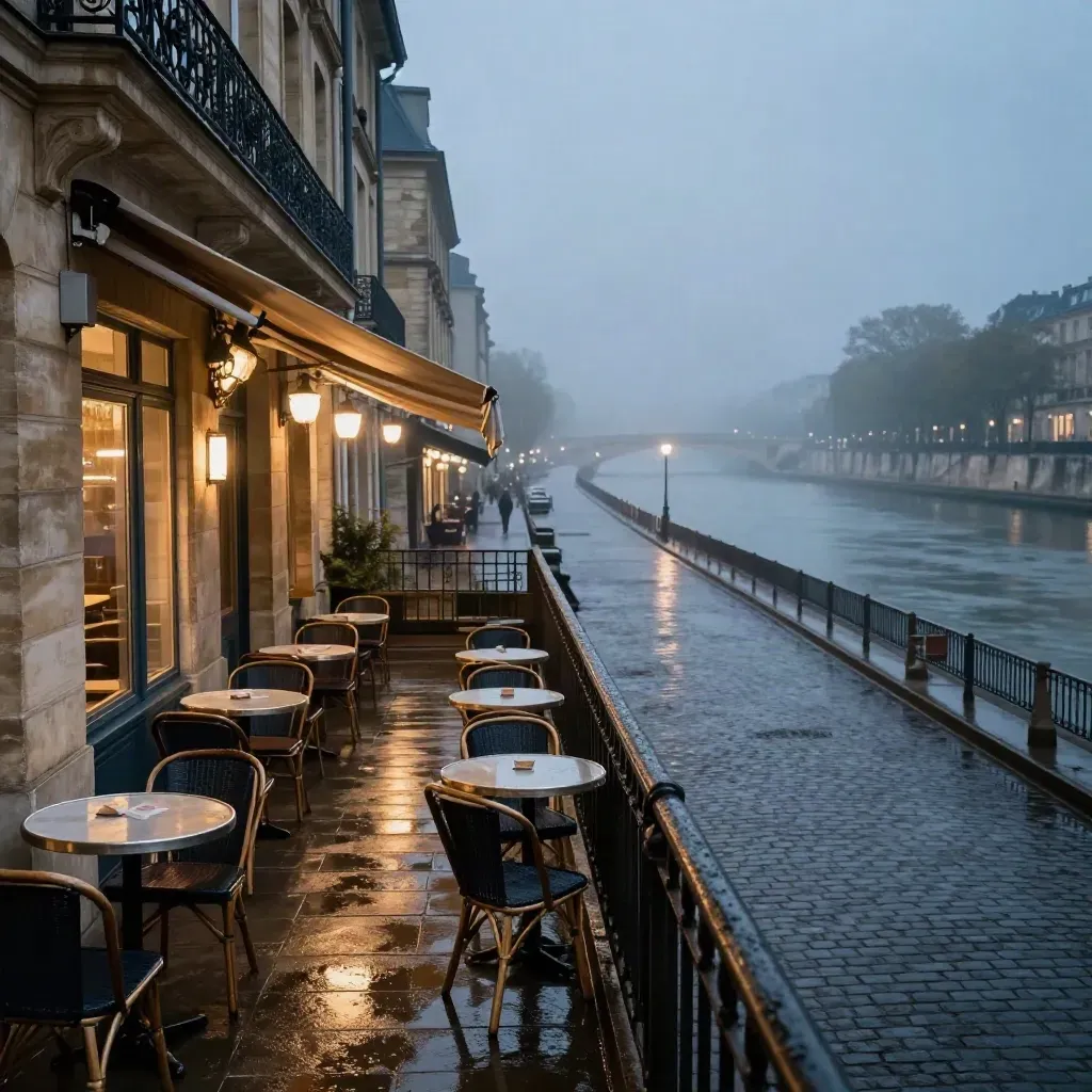 Rue bordelaise humide au crépuscule, terrasses vides et façades blondes au bord de la Garonne.