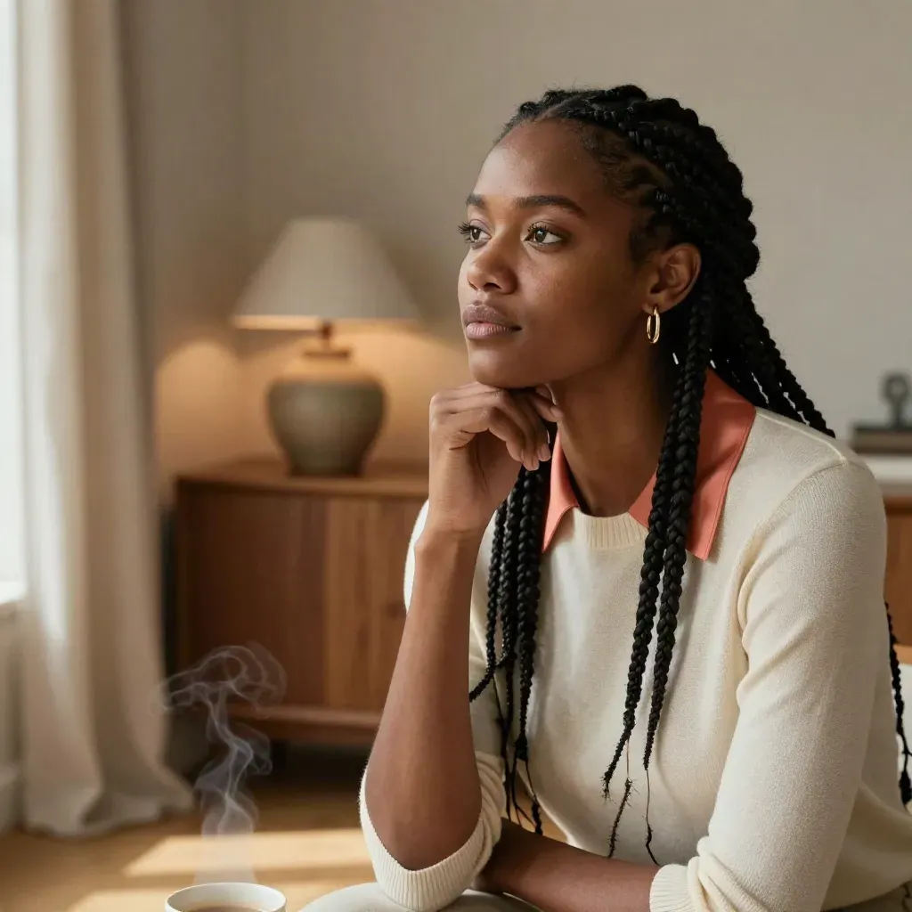 Portrait documentaire d’une femme aux tresses dans un intérieur chaleureux au soleil de fin d’après-midi.