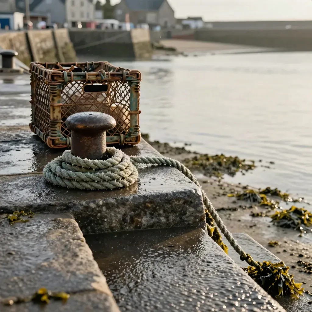 Quai breton mouillé avec caisse de poisson, cordages et embruns sur marches de granit.