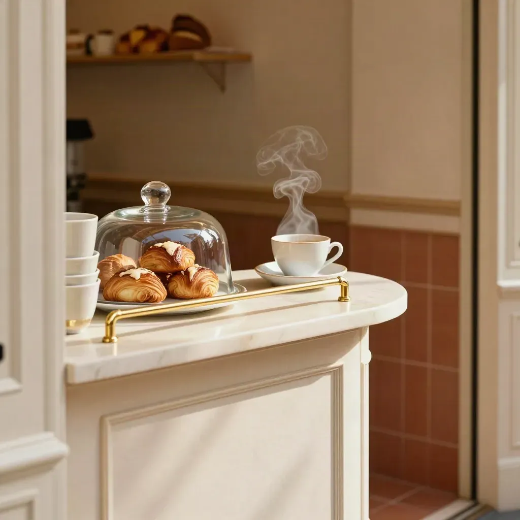 Café-boulangerie parisien calme, comptoir en marbre, tasses ivoire, cloche à pâtisseries et vapeur.