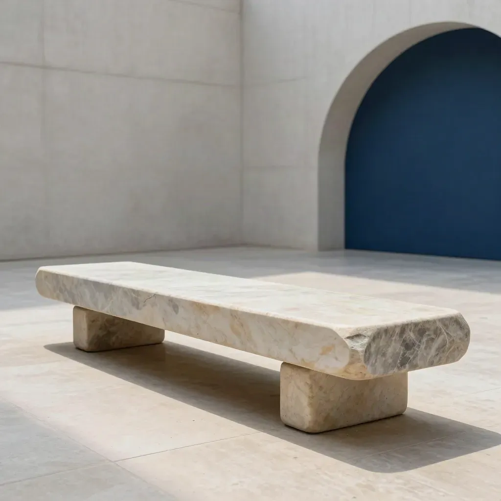Cour de musée en béton pâle avec banc sculptural et ombre d’arche