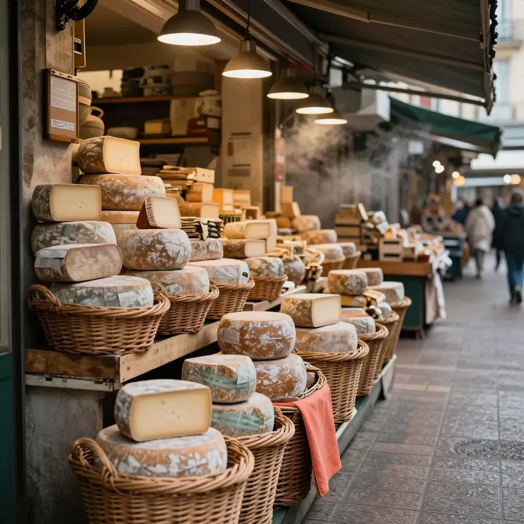 Allée de marché lyonnais avec paniers d’osier, fromages ronds et étal ouvert sous lampes chaudes.