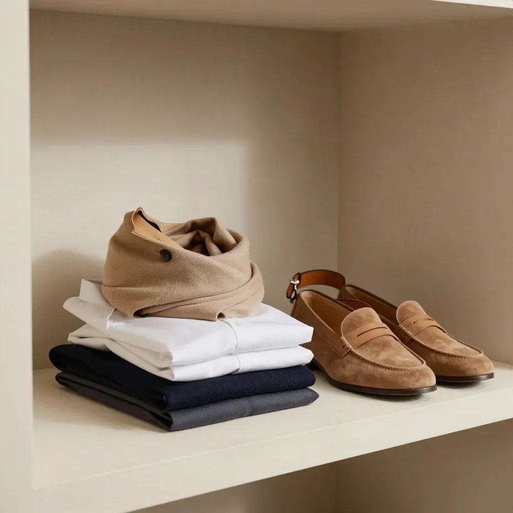 Vestiaire minimal avec trench, chemise, écharpe, ceinture et mocassins sur étagère en plâtre.
