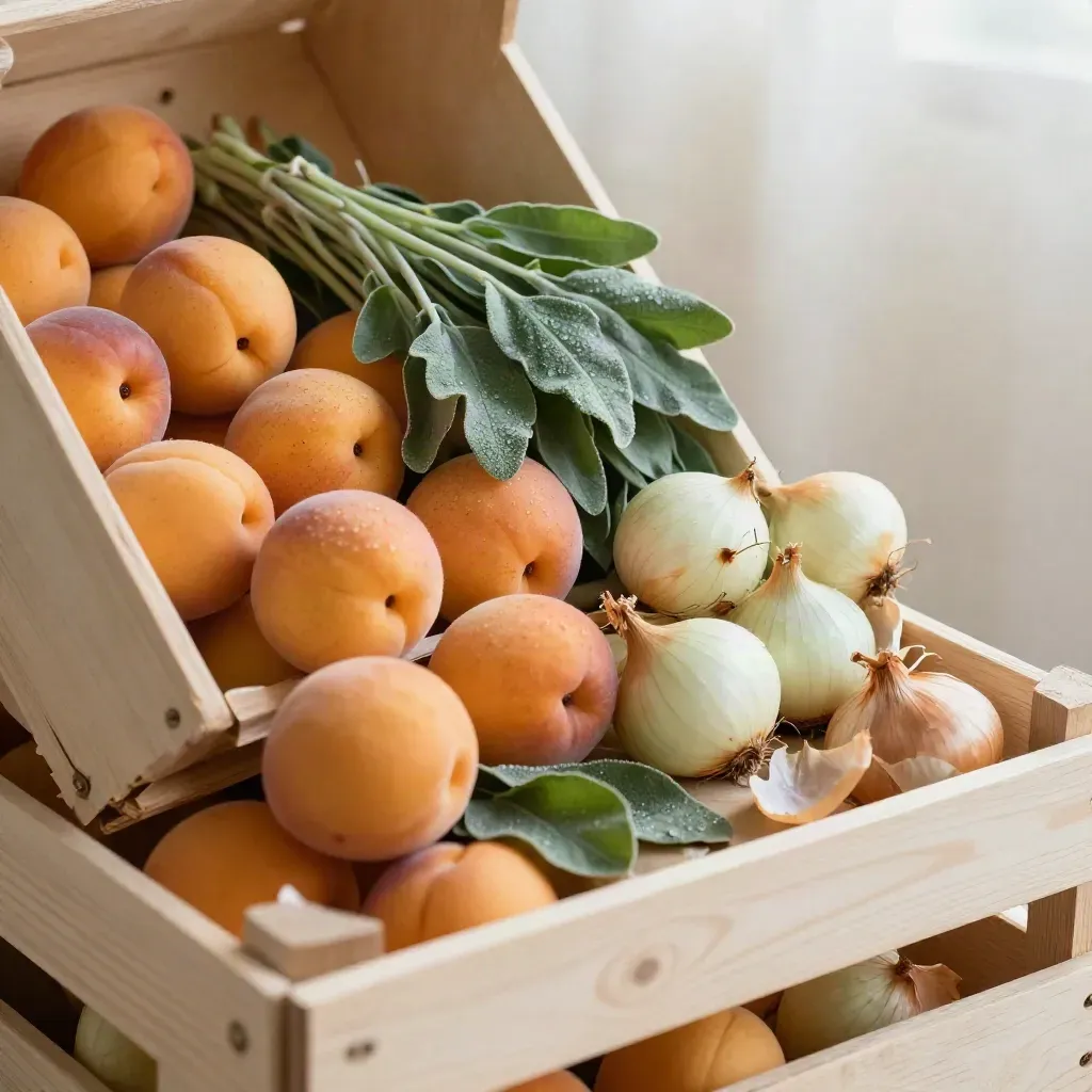 Vue zénithale de cagettes de marché avec abricots, herbes, oignons et sachets kraft sur bois pâle.