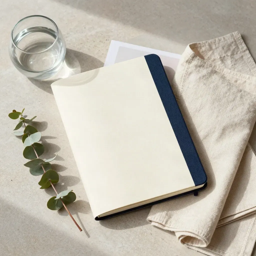 Carnet culturel crème, poids-papier en verre, eucalyptus et lin sur pierre claire.