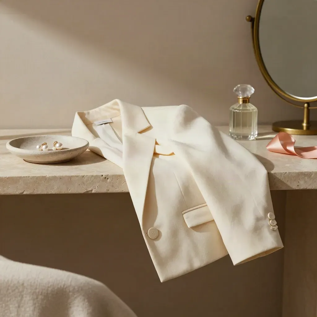 Veste crème, boucles d’oreilles perles, flacon de parfum et miroir en laiton sur pierre.