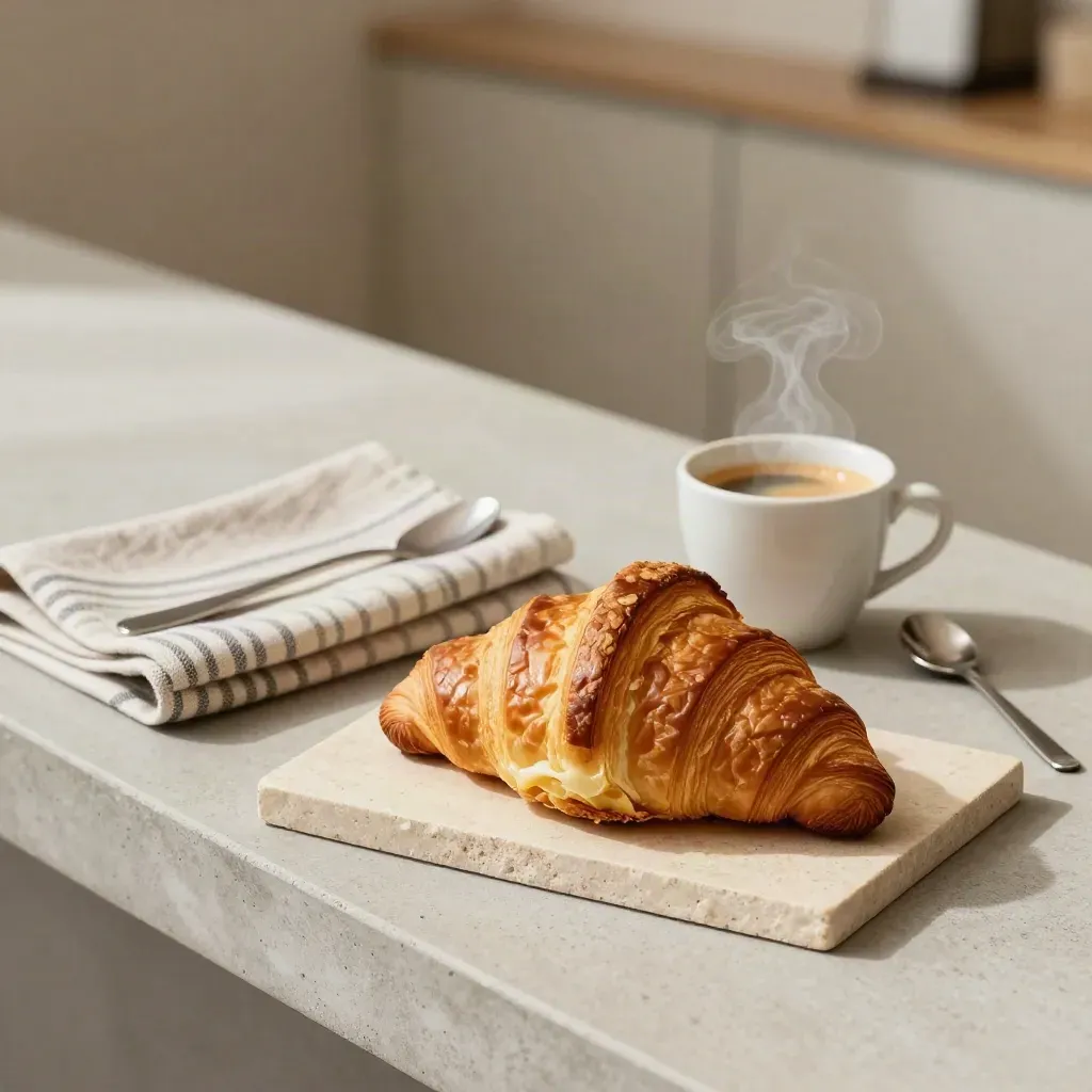 Un croissant, un espresso et une serviette rayée sur une pierre claire.