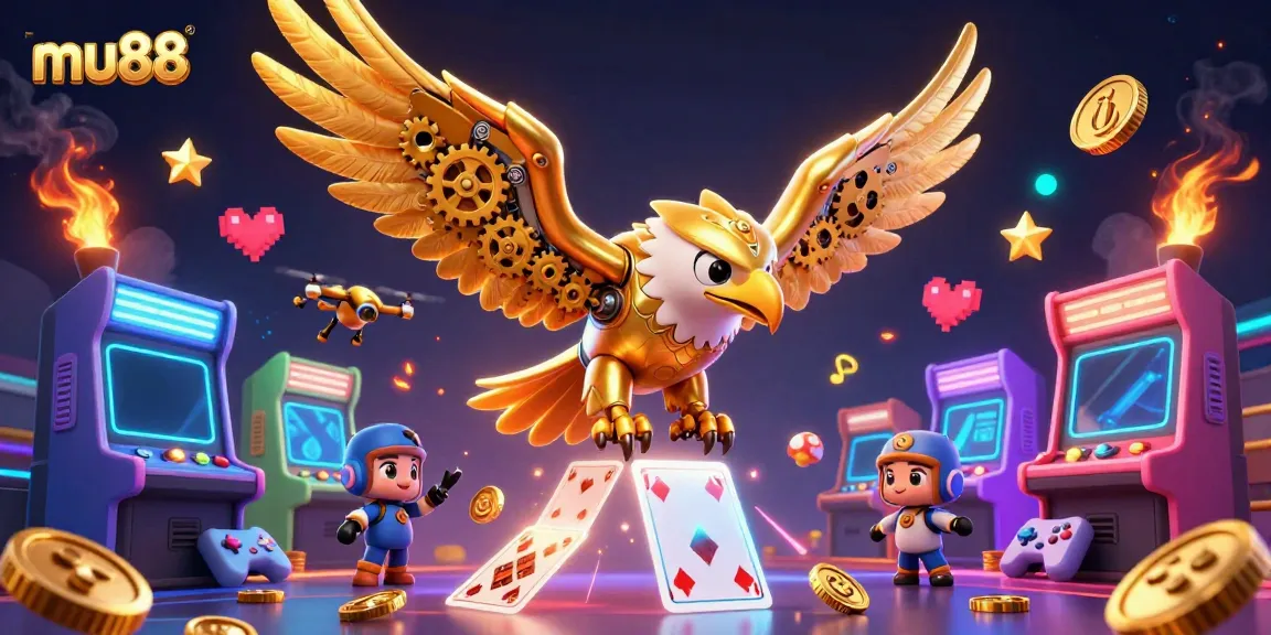 Experience the thrill of mu88 with a vibrant 3D illustration of a golden eagle amidst dynamic casino elements.