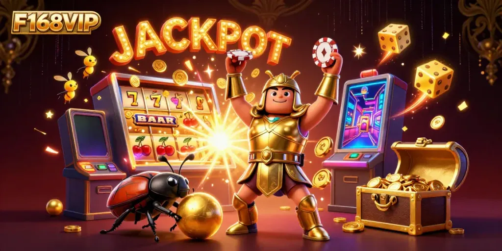 Engaging illustration depicting F168VIP's exciting gambling environment, highlighting a jubilant jackpot celebration.