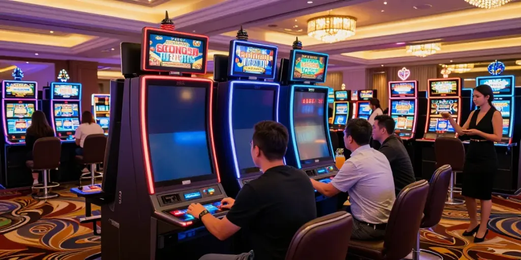Scène animée d'un casino avec des joueurs profitant de bonus sans dépôt casino.
