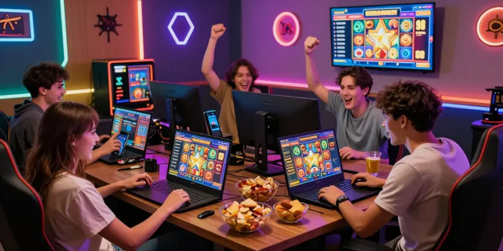 Teman-teman seru bermain situs slot dalam suasana kasino ceria dengan LED berwarna-warni.