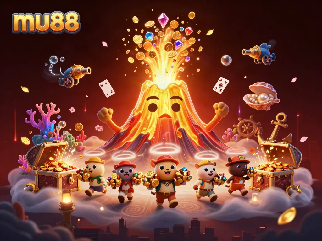 Experience thrilling wins at mu88 with a vibrant 3D casino scene featuring a golden volcano and treasure-filled adventure.