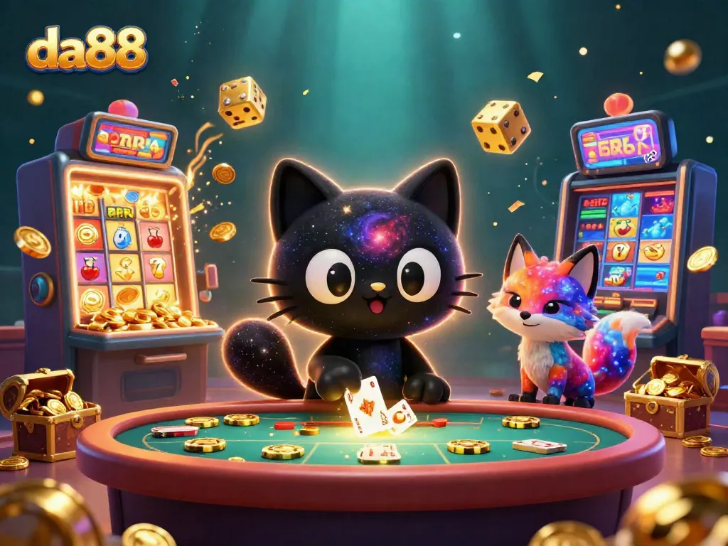 Experience the excitement of da88 at a cosmic casino, with a black hole cat and colorful fox surrounded by dynamic jackpot elements.