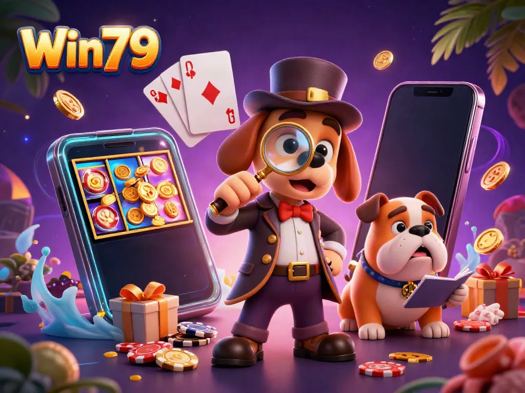 Win79 showcases a thrilling detective scene with engaging gaming elements including poker chips, smartphone games, and more.