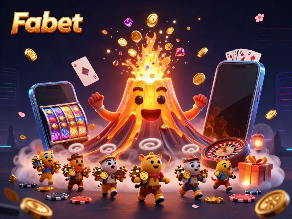 Spin to win at Fabet with a golden volcano erupting treasure and vibrant casino games!